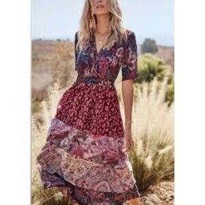 Johnny Was Sevilla Midi Dress SMALL 100% Silk Mixed Media Tiered Boho Prairie